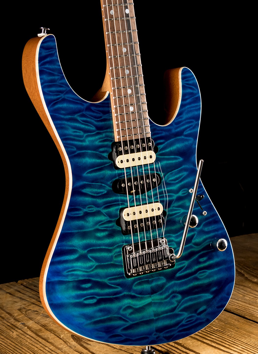 Suhr Modern Custom Quilt Maple/Genuine Mahogany - Aqua Blue Burst