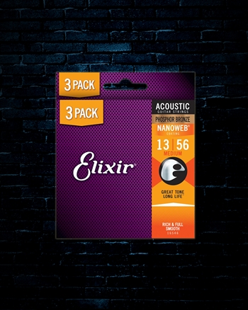 Elixir 16546 Nanoweb Phosphor Bronze Acoustic Strings (3 Pack) - Medium (13-56)