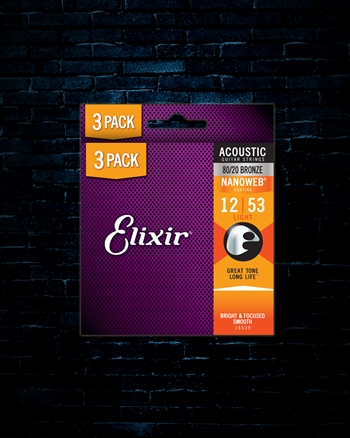 Elixir 16539 Nanoweb 80/20 Bronze Acoustic Strings (3 Pack) - Light (12-53)