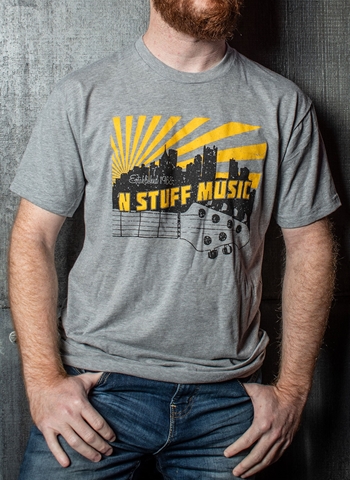 N Stuff Music PGH Skyline Design on Heather Grey T-Shirt