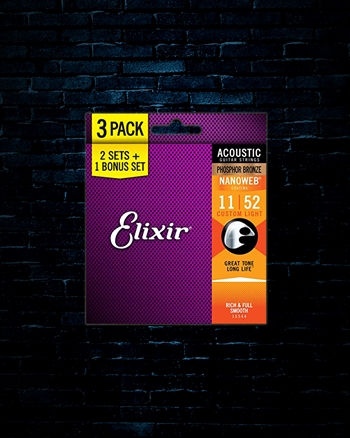 Elixir 16544 Nanoweb Phosphor Bronze Acoustic Strings (3 Pack) - Custom Light (11-52)
