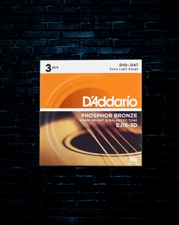 D'Addario EJ15 Phosphor Bronze Acoustic Strings (3 Pack) - Extra Light (10-47)
