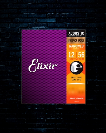 Elixir 16077 Nanoweb Phosphor Bronze Acoustic Strings - Light/Medium (12-56)