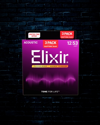 Elixir 16052 Nanoweb Phosphor Bronze Acoustic Strings (3 Pack) - Light (12-53)