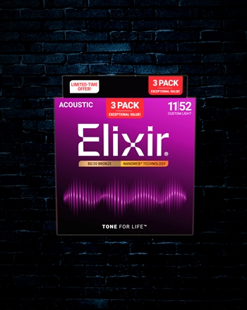 Elixir 11027 Nanoweb 80/20 Bronze Acoustic Strings (3 Pack) - Custom Light (11-52)